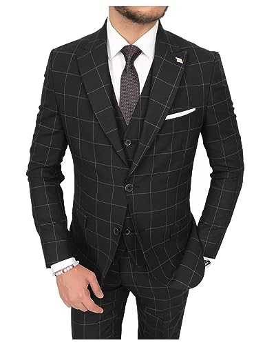 HUUTOE Mens Plaid Suit Checkered 3 Piece Slim Fit Wedding Formal Prom Party Vintage Blazer Jacket Vest Pants Suits Set