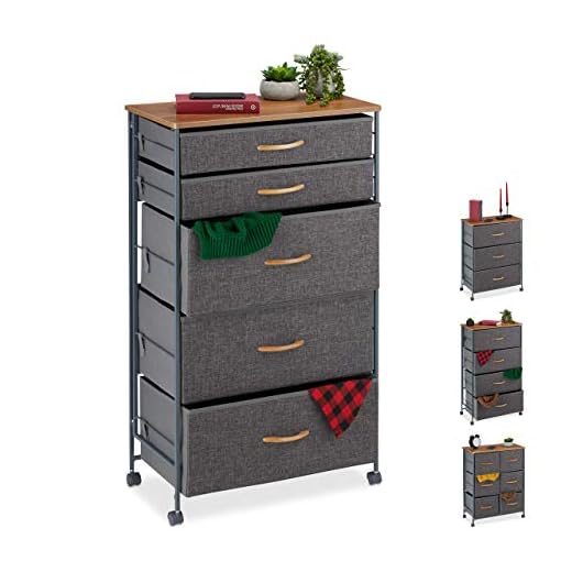 Relaxdays Cajonera con Ruedas, Cajones Textiles, Decoración, Balda con Apariencia de Madera, 96,5 x 58 x 30 cm, Gris, Acero, poliéster, tableros conglomerado DM