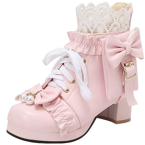 LUXMAX Women Chunky Heel Lace Up Booties Lolita Kawaii Shoes Block Heel Cute Ankle Boots Sweet Lace Boots with Bow
