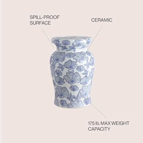 JONATHAN Y Poppies 17.75" Ceramic Drum Garden Stool, Traditional White and Blue Floral Chinoiserie Indoor/Outdoor Side Table, Plant Stand, Patio, White/Blue TBL1018A by JONATHAN Y - Image 5