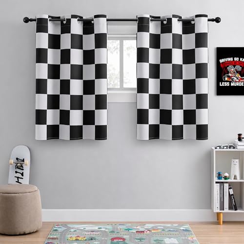 BOHOMOCASA 100% Blackout Curtains – Black and White Checkered Race Flag Pattern, 2 Panels, Each W42×L45, Thermal Insulated, Nosie Reducing for Bedroom