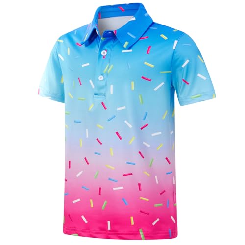 uideazone Boys Blue Pink Gradient Polo Shirts Colorful Sprinkle Print Athletic Golf Shirts Dry Fit Performance Collared Short Sleeve School Uniform Tops Size 13-14