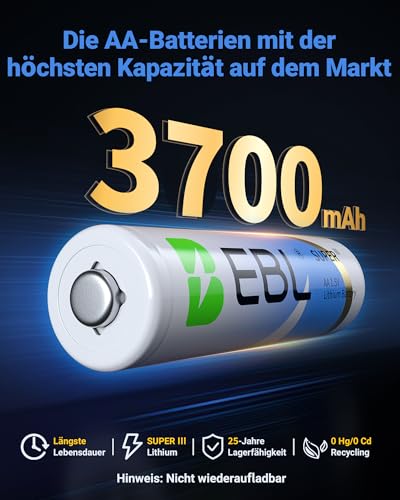 EBL AA Lithium Batterie 3700mAh 1.5V 8 Stück - Lithium Batterie AA Hochleistungs Hoher Kapazität, Einwegbatterien AA für Blink Outdoor Camera, Digitalkamera, Spielzeug, Fernbedienung