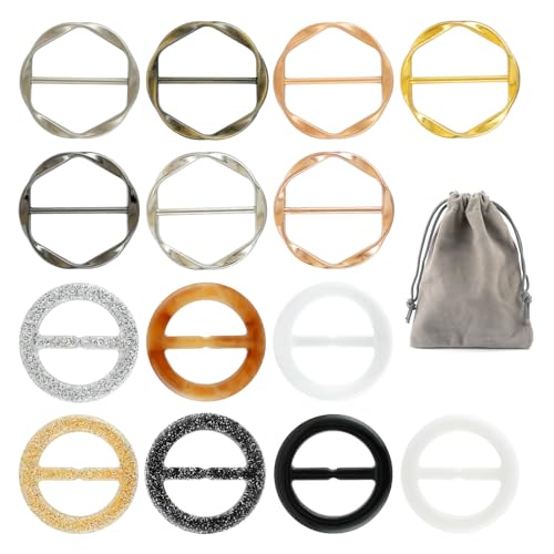 14 PCS Silk Scarf Ring Clip, T-shirt Ties Clips Clothes Corner Knotted Button for Women Shirt Waist Cincher Clips Tightener, Women Fashion Metal Round Circle Shirt Clip with 1 Storage Bag