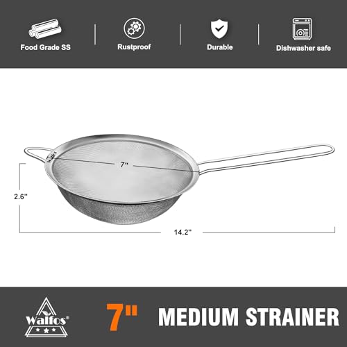 image for Walfos 7 Inch Fine Mesh Strainers, Premium Stainless Steel Colanders a