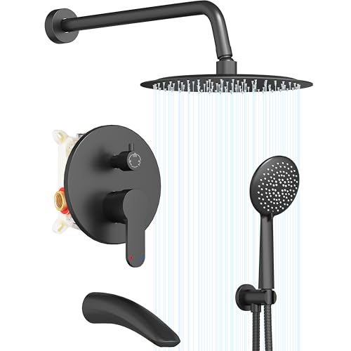 Image of Gabrylly Shower System with Tub Spout, Black Bathtub Shower Faucet Set with 3-Way Pressure Balance Valve Kit, 10 inch Rain Head with Handheld Spray, Matte Black