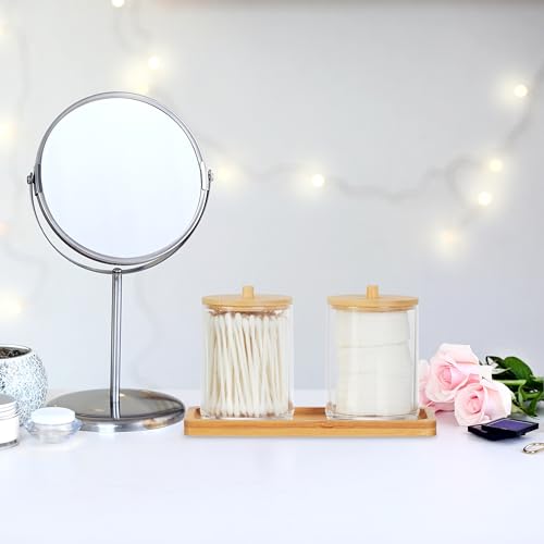 Relaxdays Bathroom Container Set, Tray, 2 Cups, Bamboo Lids, Cosmetic Organiser, 11 x 19 x 9 cm, Transparent/Natural - Image 2