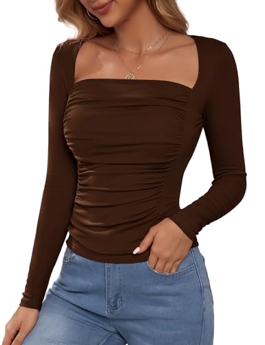 Florboom Women's Ruched Fitted Tops Square Neck Long Sleeve T-Shirts Going Out Tees2