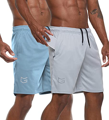 G Gradual Men's 7" Workout Running Shorts Quick Dry Lightweight Gym Shorts With Zip Pockets (2 Pack: Light Blue/Grey X-Large) #TOP7