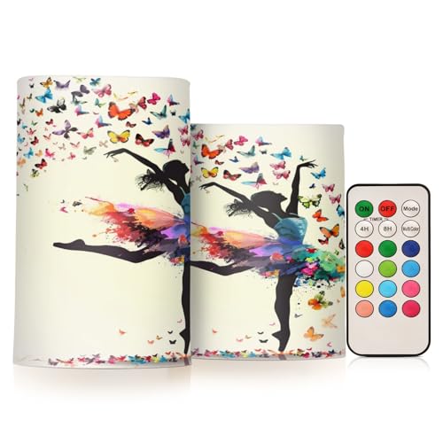 Ballerina Girl Dancing Ballet Colorful Butterflies Flickering Flameless Candles Battery Operated with Remote Timer,Tea Light Candles LED Pillar Votive Candles set of 2 for Outdoor Indoor Decorations