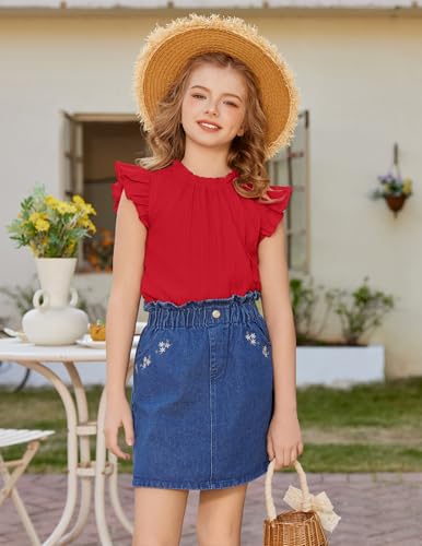 Image of Arshiner Girls Ruffle Short Sleeve Shirts Cute Summer Frill Neck Pleated Textured Blouse Tops