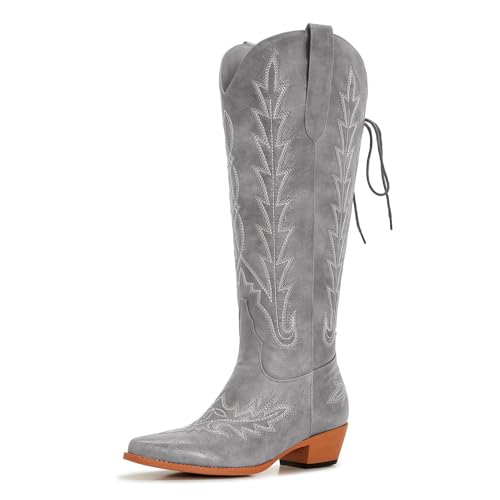 Image of Uillnoodu Wide Calf Cowboy Boots Women Knee High Tall Western Cowgirl Boots Adjustable Lace Up Plus Size Comfortable 2-Inch Heel