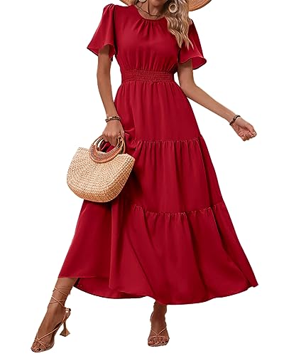 Image of PRETTYGARDEN Women's Casual Smocked Boho Floral A-Line Maxi Dress 2026 | Summer Short Flutter Sleeve Crewneck Tiered Long Sundress,Fall Wedding Guest Dresses,Spring Cute Flowy Beach Vacation Clothes