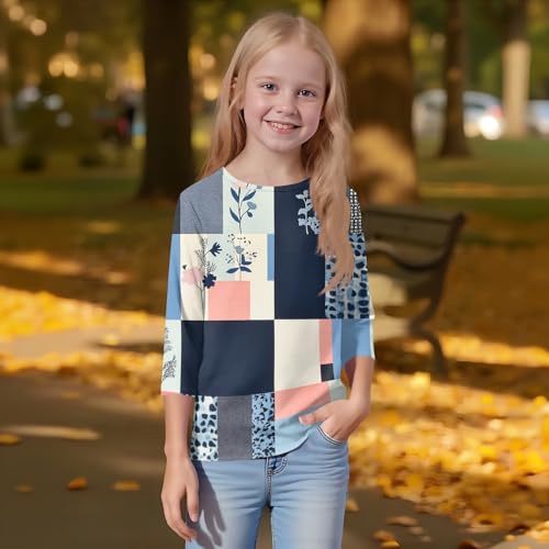 3/4 Length Sleeve Girls Shirts Trendy Fall Crew Neck Tops Fashion Floral Print 3/4 Sleeve Casual Blouses Outfits Loose2