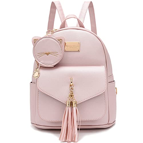 IHAYNER Girls Fashion Mini Backpack Purse for Women & Teen Girls - Small Leather Mini Backpack with Coin Purse & Tassel - Gold Pink