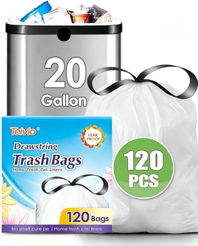 Image of Teivio 20 Gallon 120 Counts (fit 18-20 Gal) Large Drawstring Trash Bags Strong Tall Kitchen Compactor Bags Garbage Bags for Home /Office /Light Residential Waste /Outdoor Trash Can, Lawn,Trash Bags White