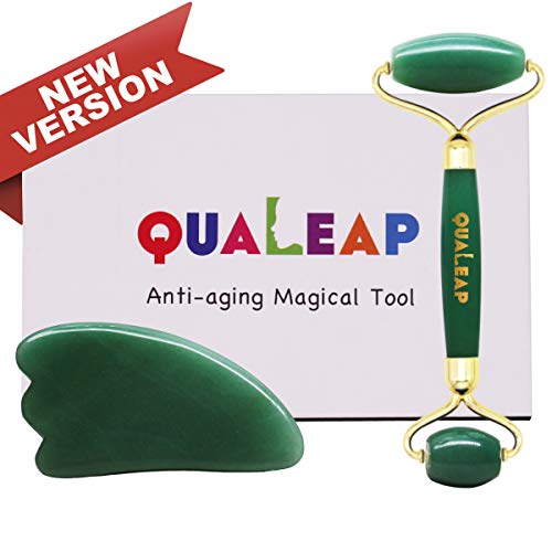 Jade Roller for Face 2 in 1 Gua Sha Tools Including Rose Quartz Roller and Jade Face Massager 100% Natural Jade Facial Roller Anti Aging Face Roller Massager (Green Jade)