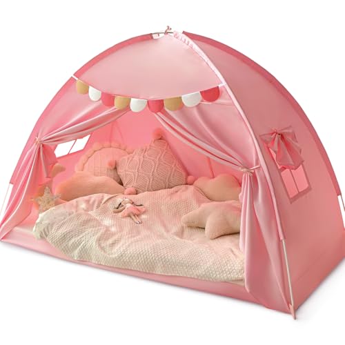 Razee Twin Bed Tent for Kids, Twin Size Bed Tents Indoor Toddler Canopy Privacy Playhouse on Bunk Sleep Inside Drafty Room for Girls, Pink, Kid House Toys for Girl Birthday