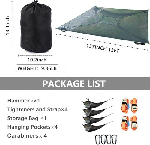 Camping Hammock, 13ft Square Hammock Max 1000 Lbs for 4-5 Adults Kids, Multi Person Tree Hammocks w/ 4 Ratchet Tie Down Straps & Net Pocket, Portable Outdoor Travel (13 ft Square Camping Hammock)