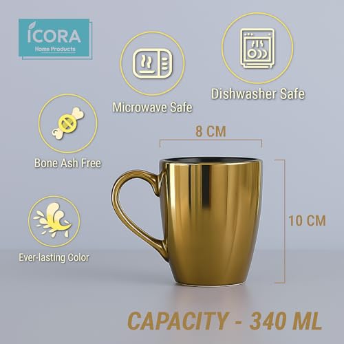 ICORA Large Gold Mug with Black Interior Glossy Ceramic Drinkware | Set of 1, 340 ML