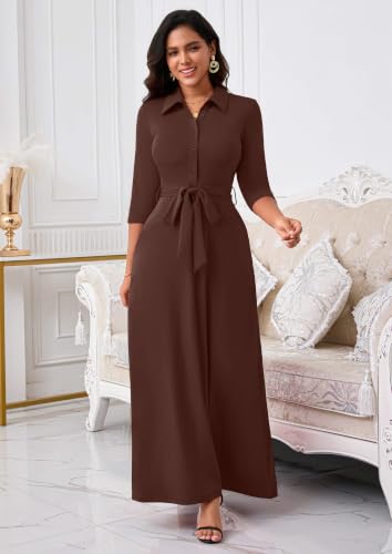Image of Runwind Women Church Maxi Dresses 3 /4 Sleeve Button Down Print Casual Office Dress African