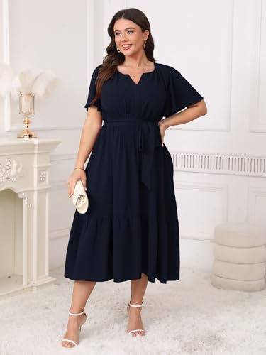 Image of Womens Plus Size Wedding Guest Dresses Summer V Neck Short Sleeve Belted Ruffle Hem A-Line Flowy Midi Dress