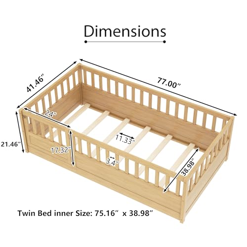 Twin Floor Bed with High Fence and Door, Twin Floor Bed Without Slats, Natural