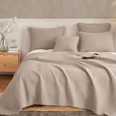 DaDa Bedding Elegant Matelasse Bedspread Set - 100% Cotton Fabric Floral Sand Dollar Quilted Coverlet - Lightweight Breathable Textured Neutral Tan Beige Taupe Brown - King - 3-Pieces Cover
