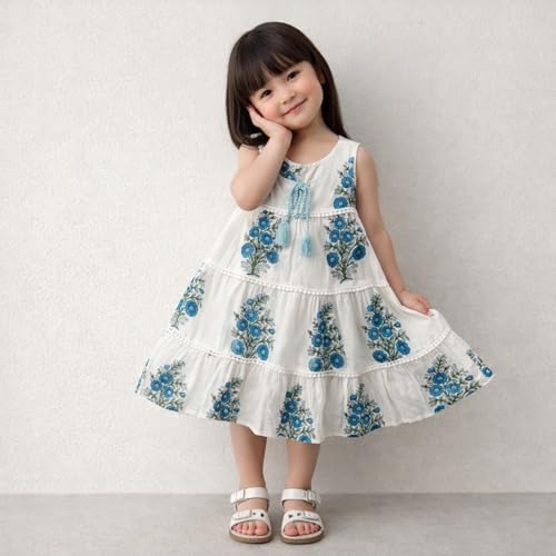Image of The Magic Wand Kids Girls Casual Dresses, Knee Length Singlet Strap Fit & Flared Cotton Once Piece Stylish Frocks fo rBeach Summer Season Vacation