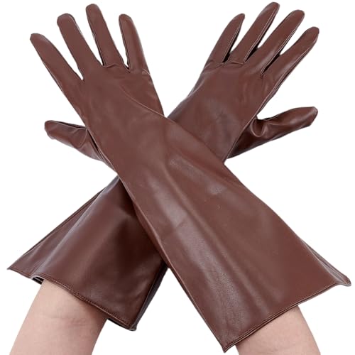 Image of CALFOVERA 38cm Long PU Leather Gauntlet Gloves for Women Over Elbow Length Winter Warm Full Finger Gloves Large Wide Cuff Stretchy Faux Leather Arm Warmer for Halloween Costume Cosplay(Dark Brown)