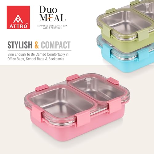 Image of ATTRO Duo Meal Stainless Steel Lunch Box with 2 Partition, Microwave Safe, Airtight Leakproof Silicone Seal Lid, BPA-Free Food Grade Tiffin Box for Office School Kids - 650ml - Pink