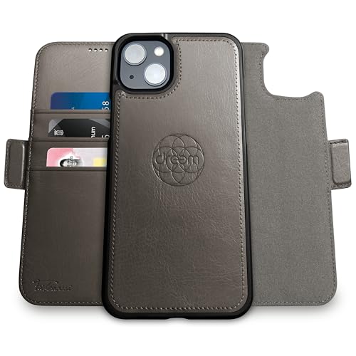 Image of dreem Fibonacci Wallet Case for iPhone 14 & iPhone 16e Case Wallet | 3-in-1 Magnetic Detachable Vegan Leather Cover with Built-in Kick-Stand, RFID Blocking Card Holder, MagSafe Compatible [Grey]