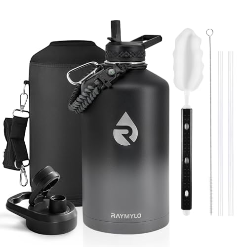 Image of RAYMYLO One Gallon Water Bottle Insulated, Triple Walled Vacuum Stainless Steel (Cold for 48 Hrs), Leak Proof & Non-BPA, Large Water Flask Jug with Paracord Handle & Straw Spout Lids