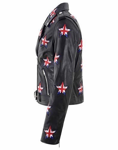 Veste motarde en cuir avec patchs étoiles drapeau britannique look rock