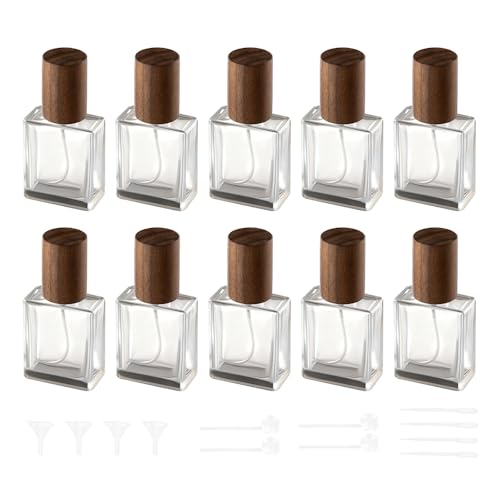 Cryslora Atomizador de perfume, recipiente de perfume de vidrio, con tapa de grano de madera, botella de viaje recargable, botella de spray portátil vacía a prueba de fugas, 10pcs