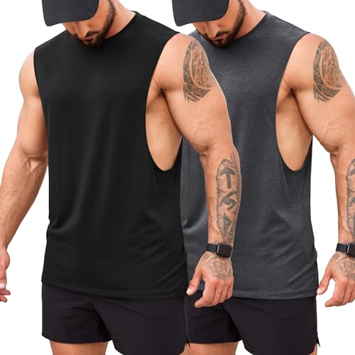 COOFANDY Men's Gym Tank Tops Bodybuilding Muscle Vest Workout Summer Fitness Sleeveless T Shirt Black Dark Grey M