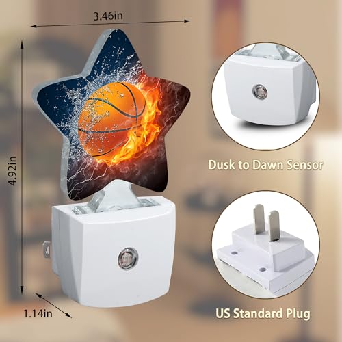 Image of Basketball Fire Night Lights Plug into Wall with Dusk to Dawn Sensor,Lamp for Bedroom Bathroom Hallway Nightlight for Women Girls