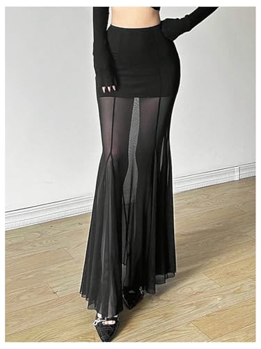 GORGLITTER Women's Ruffle Long Skirt Mesh Sheer Elegant Bodycon Coquette See Through Maxi Skirts4
