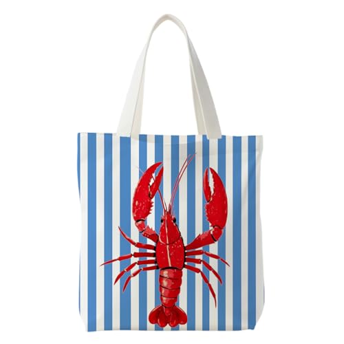 NATSUNO Beach Red Lobster Canvas Tote Bag, Lobster Party Supplies, Coastal Beachy Crawfish Blue Striped Canvas Tote Bag for Women, Reusable Grocery Bags Shopping Bags