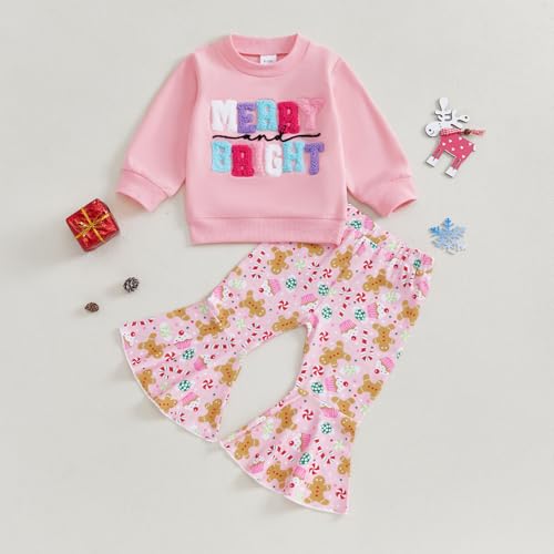 Dcohmch Toddler Girl Christmas Outfit Letter Embroidery Long Sleeve Sweatshirt Bell Bottom Pants Baby Girls Fall Clothes2