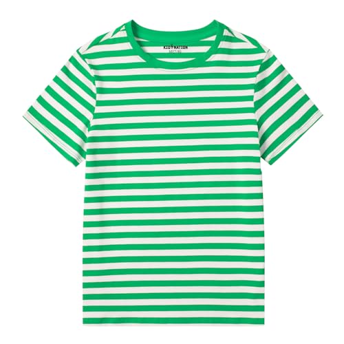 Kid Nation Boys T Shirts Kids Crewneck Cotton Tshirts Short Sleeve Toddler T-Shirt Solid Girls Tee Shirts Green White Stripe 7-8 Years
