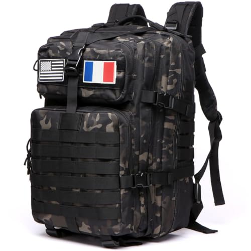 GUJOIN Sac À Dos Tactique 50 Litres - Grande Capacité Système MOLLE Militaire Imperméable Idéal Pour Urgences De 3 Jours Chasse Randonnée Et Camping Sac À Dos Pour De Plein Air (Noir camouflage)