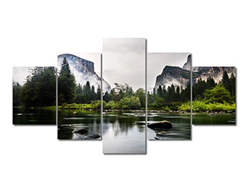 Tumovo Canvas Wall Art Nature River Around Mountain Beautiful Forest Painting Landscape 5 Panels Panoramic Scenery Artwork Picture Frames Ready To Hang For Living Room Bedroom Home Office Wall Decor #TOP18