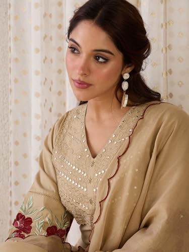 Image of INDO ERA Women's Straight Pure Cotton Floral Embroidered Kurta & Pant with Dupatta Set (IESTR10171)