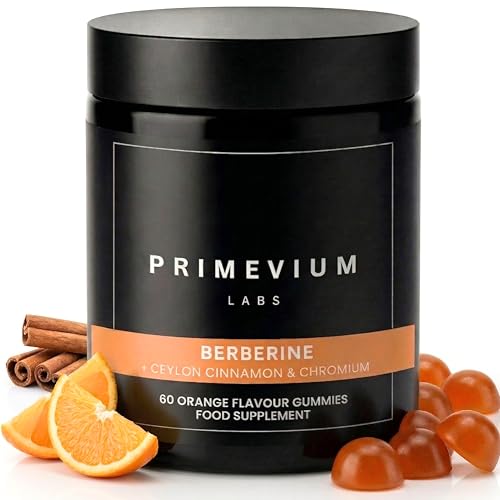 Berberina HCl 800mg Gominolas - Control de Glucosa y Metabolismo - con Canela de Ceilán + Cromo - 60 Gummies Veganas Sin Azúcar - 1000mg por Dosis - Berberine Supplement - Primevium Labs