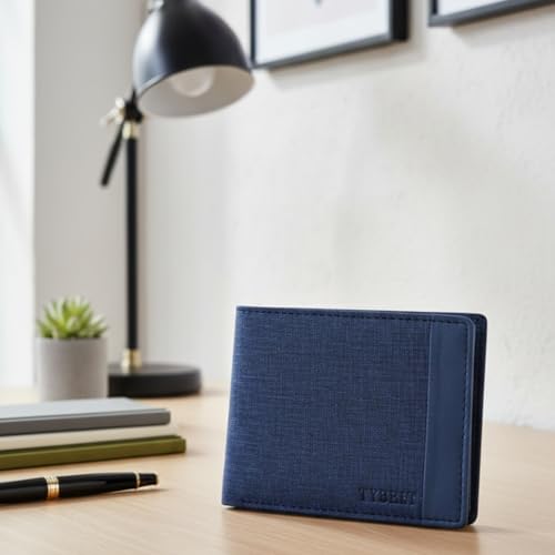 Image of PU Denim Men's Wallet | Premium Blue Bi-Fold with Multiple Card Slots and Coin Pocket