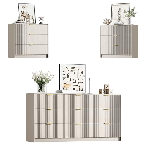 Image of Furniway 3 Piece Bedroom Set, 9 Drawer Dresser and Nightstand Set of 2 with Gold Handles, Modern Wood Chest of Drawers Storage Cabinet for Bedroom, Beige