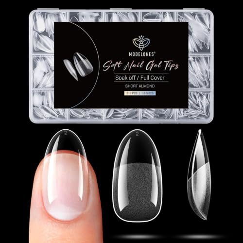 Modelones Short Almond Fake Nail Tips - 510Pcs Gel Tips Pre-shaped Half Matte Full Cover Clear Acrylic Gel Kit False Press on Nails for Extension DIY Salon 15Sizes