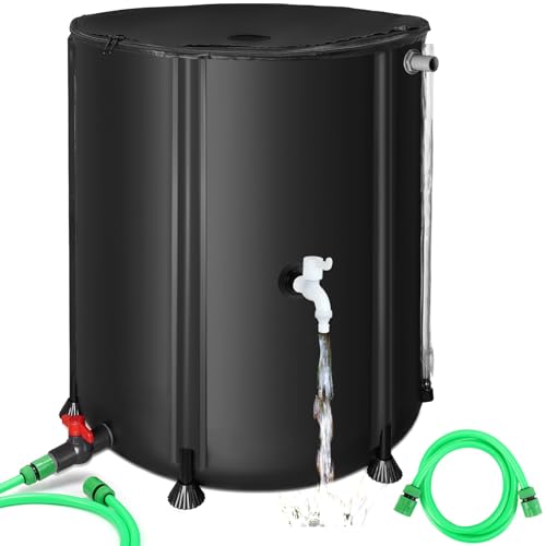 53 Gallon Collapsible Rain Barrel, SKM Portable Rain Water Collection Barrel for Garden/Outside/Lawn, PVC Rainwater Collection System Water Tank Storage Container with Spigots & Overflow Kit, Black