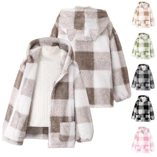 Girls Fleece Jacket Cute Plaid Zip Up Hoodie Sherpa Coat Winter Fall Warm Soft Girl Clothes With Pockets 8-14 Years